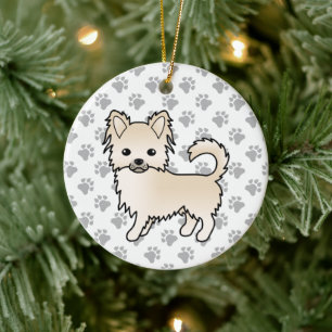 Cream Long Coat Chihuahua Cartoon Dog & Paws Ceramic Tree Decoration