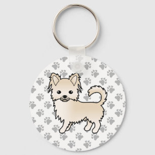 Cream Long Coat Chihuahua Cartoon Dog & Paws Key Ring