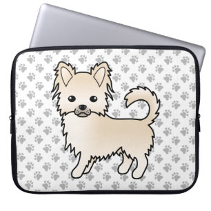 Cream Long Coat Chihuahua Cartoon Dog & Paws Laptop Sleeve