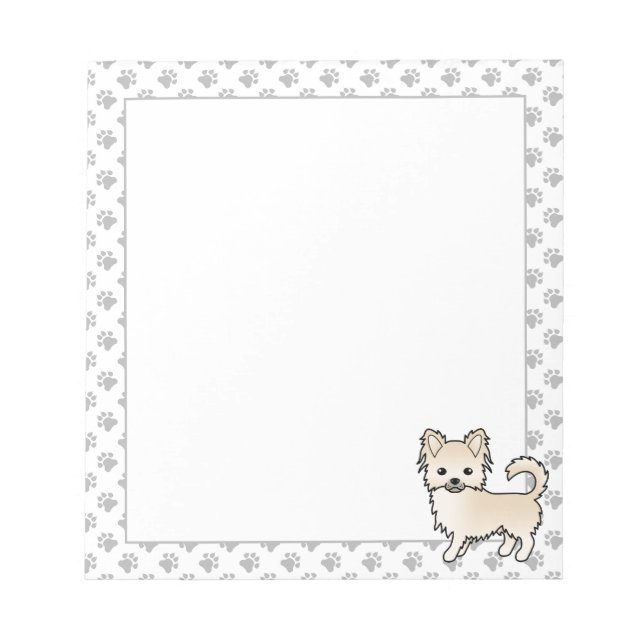 Cream Long Coat Chihuahua Cartoon Dog & Paws Notepad (Front)
