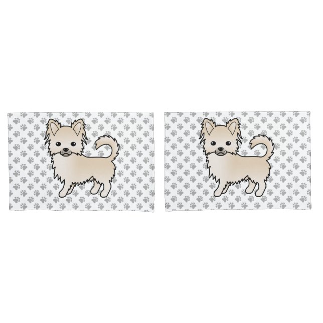 Cream Long Coat Chihuahua Cartoon Dog & Paws Pillowcase (Front-Set)