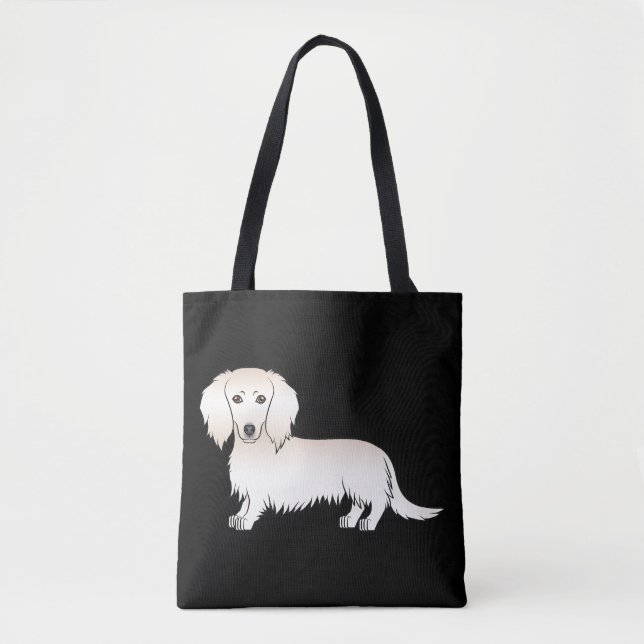 Cream Long Hair Dachshund Cartoon Dog On Black Tote Bag (Front)