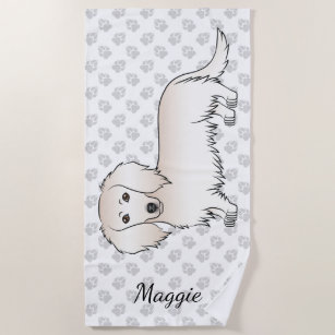 Cream Long Hair Dachshund Cute Cartoon Dog & Name Beach Towel