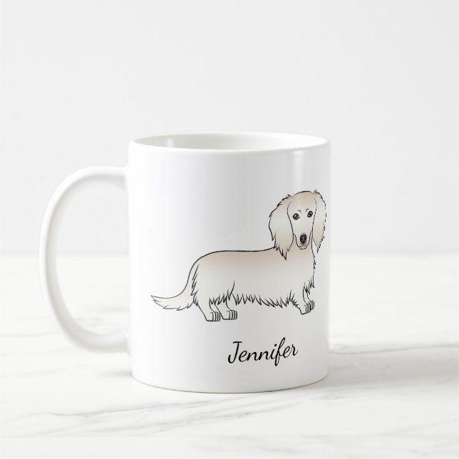 Cream Long Hair Dachshund Cute Cartoon Dog & Name Coffee Mug (Left)