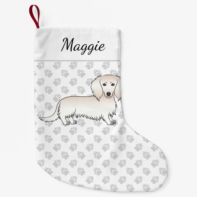 Cream Long Hair Dachshund Cute Cartoon Dog & Name Small Christmas Stocking (Front)