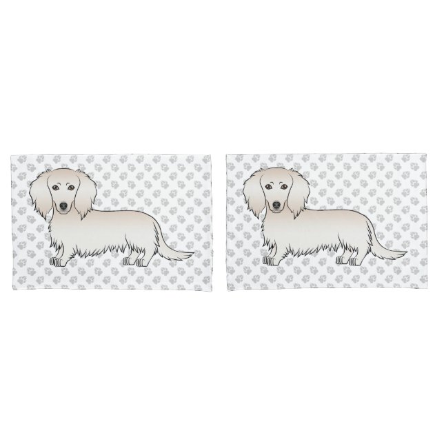 Cream Long Hair Dachshund Cute Cartoon Dog & Paws Pillowcase (Front-Set)