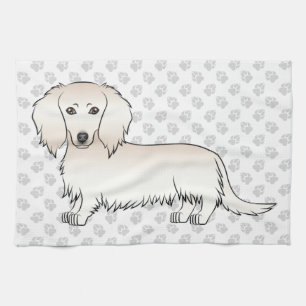 Cream Long Hair Dachshund Cute Cartoon Dog & Paws Tea Towel