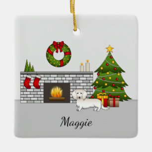 Cream Long Hair Dachshund Cute Dog Christmas Room Ceramic Ornament