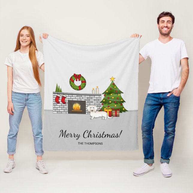 Cream Long Hair Dachshund Cute Dog Christmas Room Fleece Blanket (In Situ)