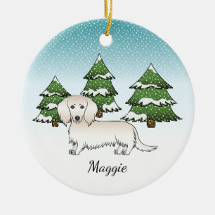 Cream Long Hair Dachshund Cute Dog - Winter Forest Ceramic Tree Decoration