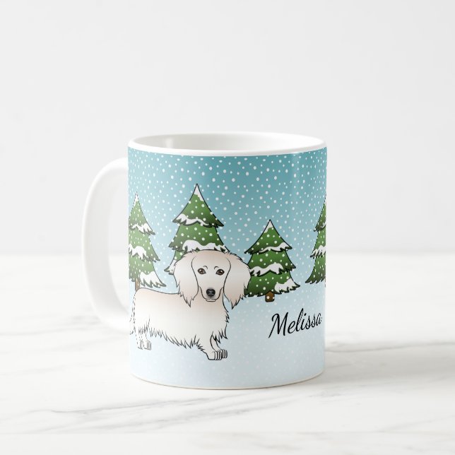 Cream Long Hair Dachshund Cute Dog - Winter Forest Coffee Mug (Front Left)