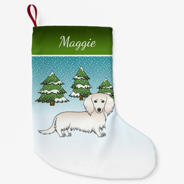 Cream Long Hair Dachshund Cute Dog - Winter Forest Small Christmas Stocking (Front)