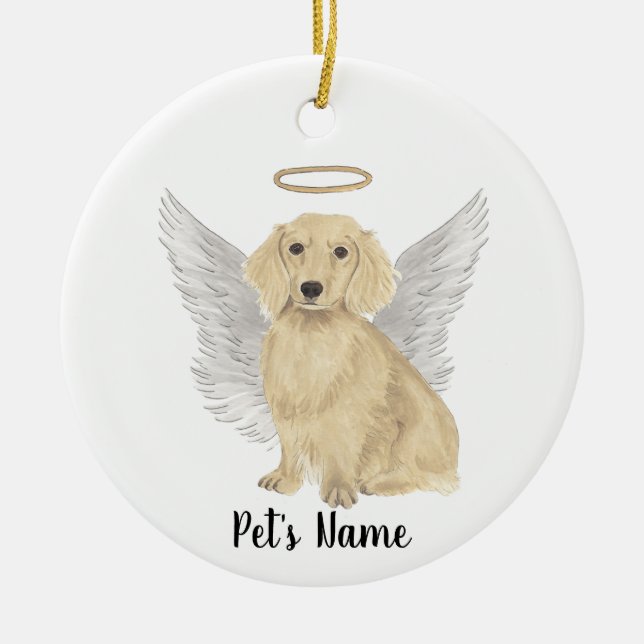 Cream Long Haired Dachshund Sympathy Memorial Ceramic Tree Decoration (Front)