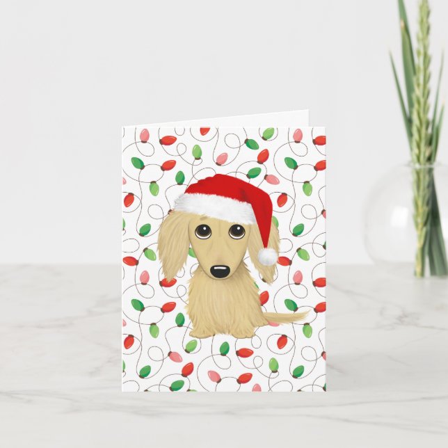 Cream Longhaired Dachshund Santa Dog Christmas Holiday Card (Front)