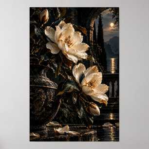 Cream Magnolia Blossoms in Moonlit Garden Wall Art