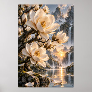 Cream Magnolia Blossoms over Sunset Waterfall Vall Poster