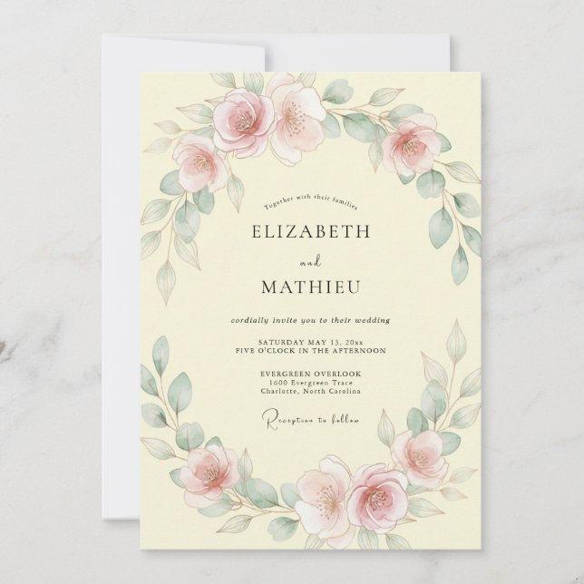Cream Mauve Ranunculus Eucalyptus Wedding Invitation (Front)