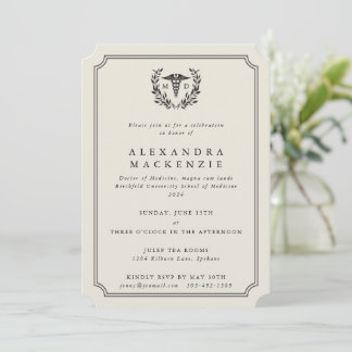 Cream MD Caduceus+Laurel Wreath Doctor Graduation Invitation