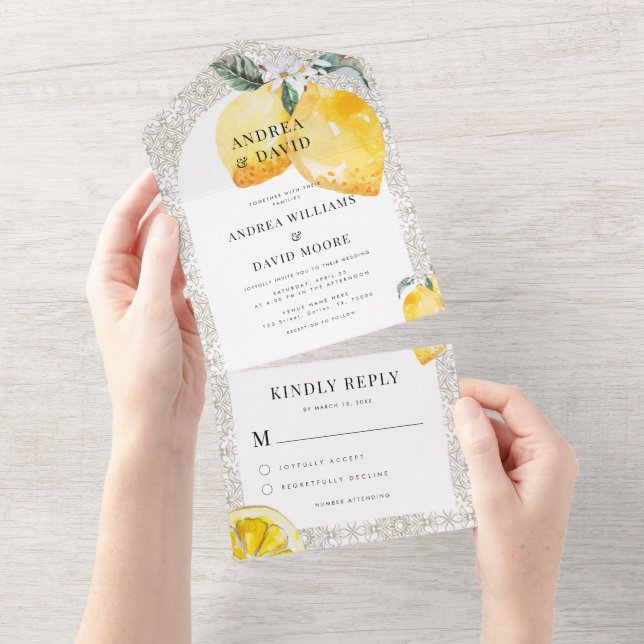 Cream Mediterranean Italian Tile & Lemon Wedding All In One Invitation (Tearaway)