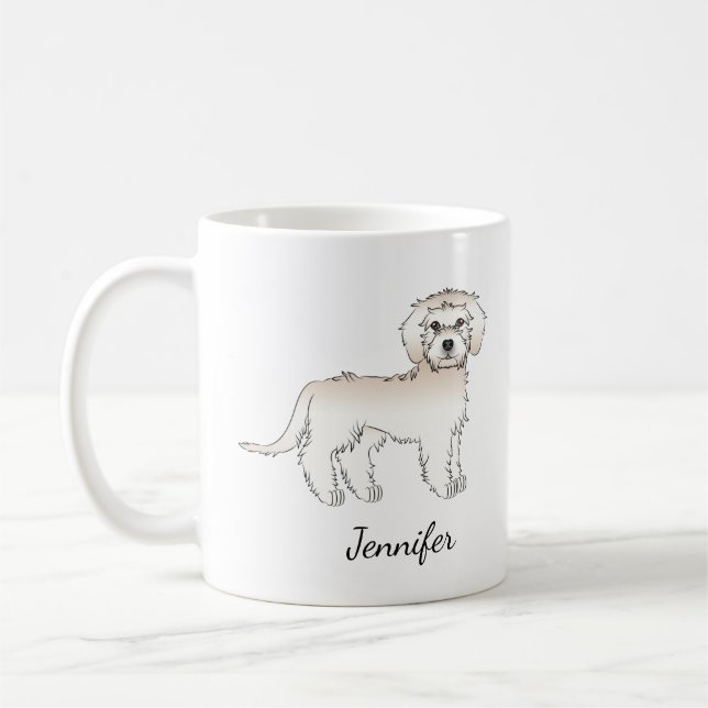 Cream Mini Goldendoodle Cartoon Dog & Name Coffee Mug (Left)