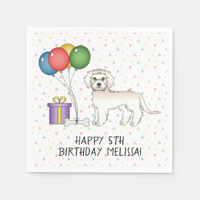 Cream Mini Goldendoodle Cute Cartoon Dog Birthday Napkin (Front)