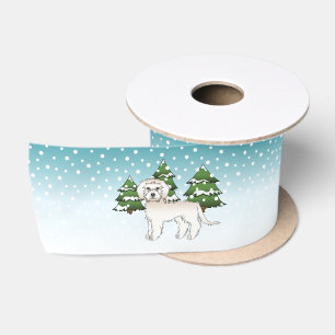 Cream Mini Goldendoodle Dog In A Winter Forest Satin Ribbon