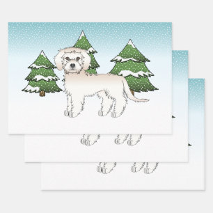 Cream Mini Goldendoodle Dog In A Winter Forest Wrapping Paper Sheet