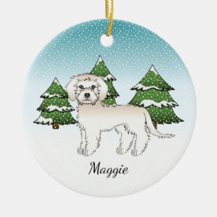 Cream Mini Goldendoodle - Winter Forest & Name Ceramic Tree Decoration