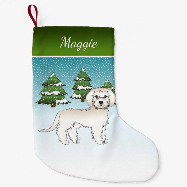 Cream Mini Goldendoodle - Winter Forest & Name Small Christmas Stocking (Front)
