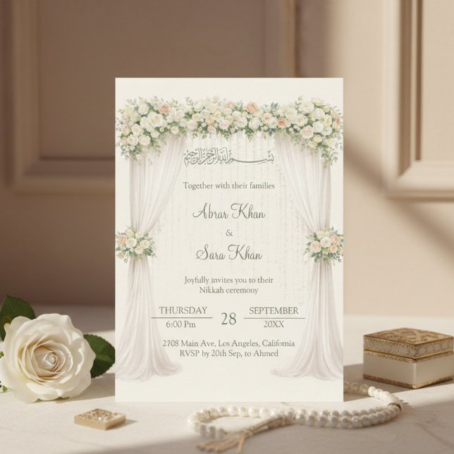 Cream Minimal Floral Muslim Nikkah Islamic Wedding Invitation (Creator Uploaded)