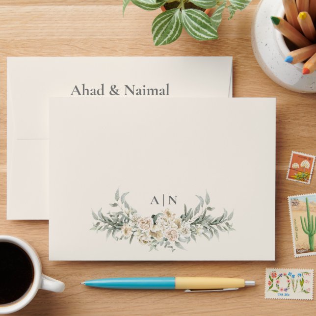 Cream Minimal Grey Floral Gold  Wedding  Envelope (Desk)