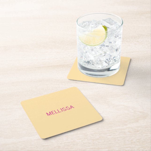 Cream minimalist custom name  square paper coaster (Insitu)