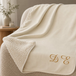Cream minimalist monogrammed fleece sherpa blanket