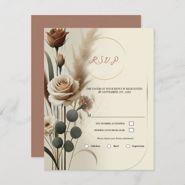 Cream & Mocha Geometric Floral Wedding RSVP Invitation (Front/Back)