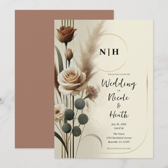 Cream & Mocha Neutral Geometric Floral Wedding Invitation (Front/Back)