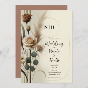 Cream & Mocha Neutral Geometric Floral Wedding Invitation