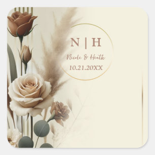 Cream & Mocha Neutral Geometric Floral Wedding Square Sticker