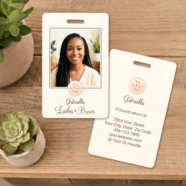 Cream Mocha Script Logo Photo Lashes and Brows ID Badge (Creator Uploaded)
