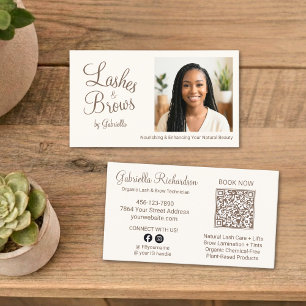 Cream Mocha Script Photo QR Code Lashes and Brows Business Card