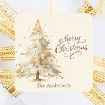 Cream mocha tree Christmas Square Sticker<br><div class="desc">A cream coloured background.  Decorated with a snowcoverd tree.  Merry Christmas is written with an elegant hand-lettered style script.  Personalise and add your family name. Mocha,  muted brown coloured text.</div>