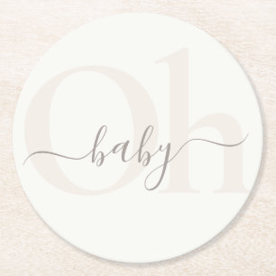 Cream Modern Gender Neutral Oh Baby Shower Round Paper Coaster