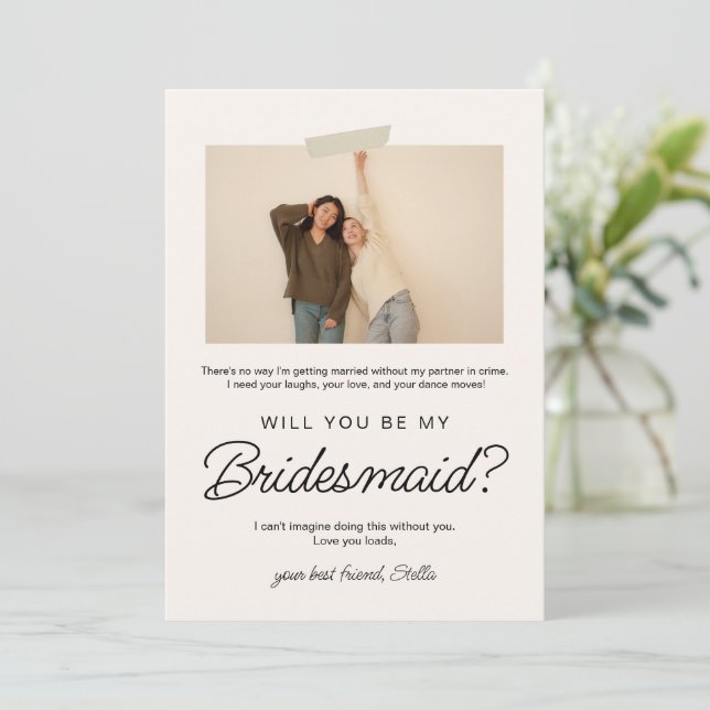 Cream Modern Photo Frame Will You Be My Bridesmaid Invitation (Standing Front)