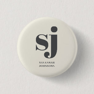 Cream monogram initials  3 cm round badge