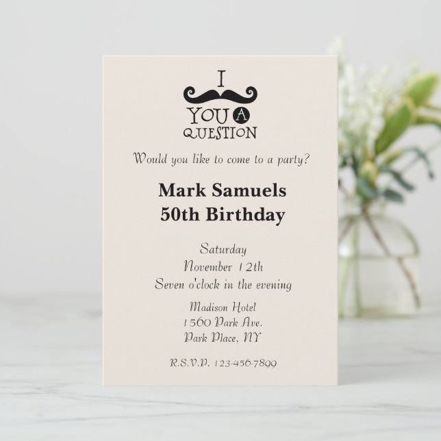 Cream Moustaches 50th Birthday Invitation (Standing Front)