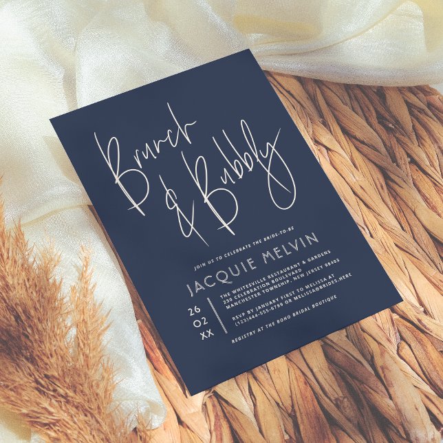 Cream & Navy Blue Brunch & Bubbly Bridal Shower Invitation (Creator Uploaded)
