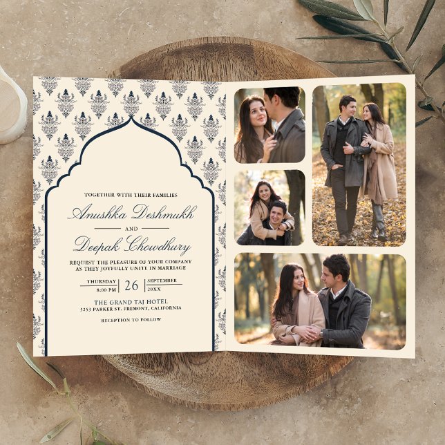 Cream Navy Blue Ikat All in One Indian Wedding Invitation (Creator Uploaded)