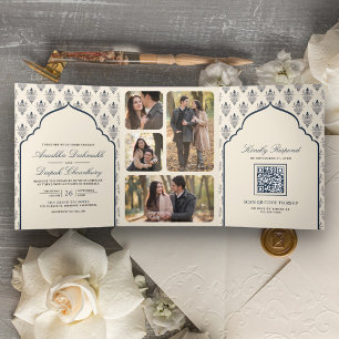 Cream Navy Blue Ikat All in One Indian Wedding Tri-Fold Invitation