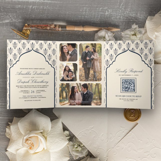 Cream Navy Blue Ikat All in One Indian Wedding Tri-Fold Invitation (Creator Uploaded)