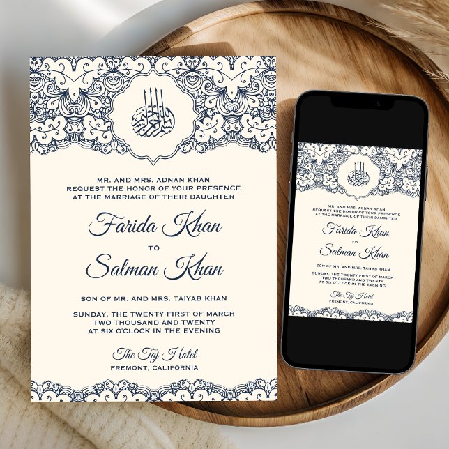 Cream Navy Blue Lace Islamic Muslim Wedding Invitation (Creator Uploaded)
