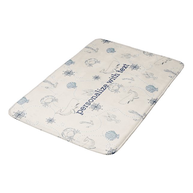 Cream Navy Blue Nautical Anchor Shells Beach Bath Mat (Angled)